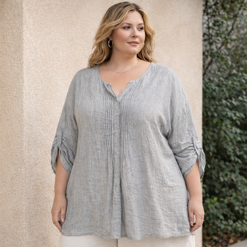 Ulla Popken Gray 100% Linen Pintuck Roll Tab Sleeve Blouse Plus Size 20/22